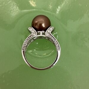 RSC Elegant Silver Tone Faux Chocolate Pearl & Rhinestone Cocktail Ring Size 7.5